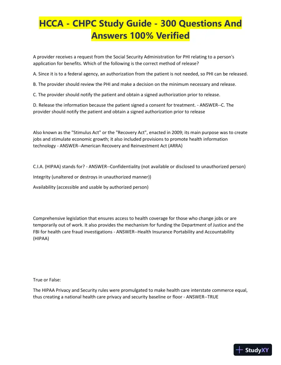 HCCA - CHPC Study Guide with Answers (300 Solved Questions), page 22