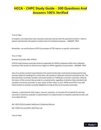 HCCA - CHPC Study Guide with Answers (300 Solved Questions) - Page 6 preview image