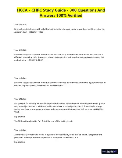 HCCA - CHPC Study Guide with Answers (300 Solved Questions) - Page 9 preview image