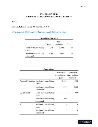 SPSS Homework 6: Prediction: Bivariate Linear Regression - Page 1 preview image