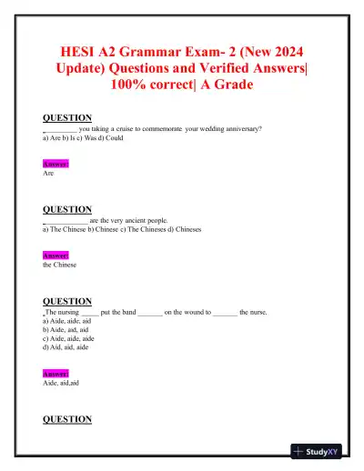 2024 HESI Grammar A2 Grammar Exam-2 With Answers (156 Solved Questions) - Page 1 preview image