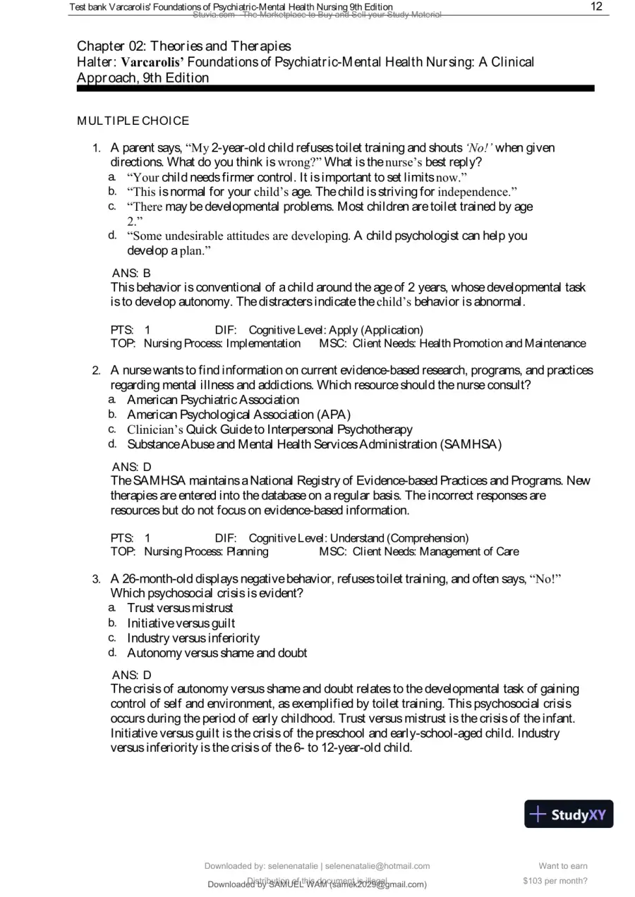 Test Bank for Varcarolis' Foundations of Psychiatric-Mental Health Nursing, 9th Edition (Chapters 1-36), page 13