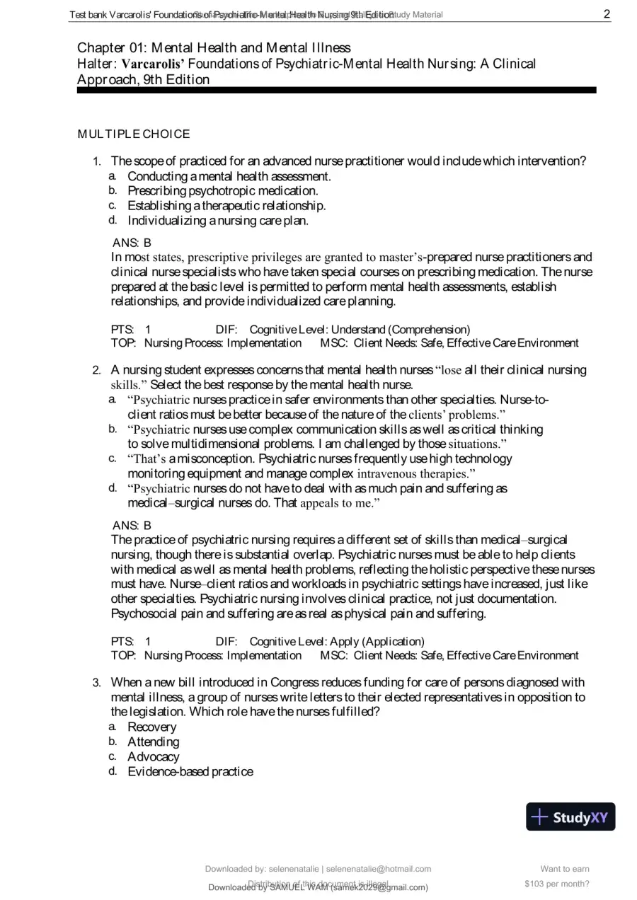 Test Bank for Varcarolis' Foundations of Psychiatric-Mental Health Nursing, 9th Edition (Chapters 1-36), page 3