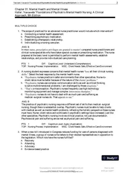 Test Bank for Varcarolis' Foundations of Psychiatric-Mental Health Nursing, 9th Edition (Chapters 1-36) - Page 3 preview image