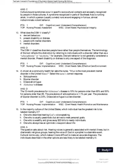 Test Bank for Varcarolis' Foundations of Psychiatric-Mental Health Nursing, 9th Edition (Chapters 1-36) - Page 7 preview image