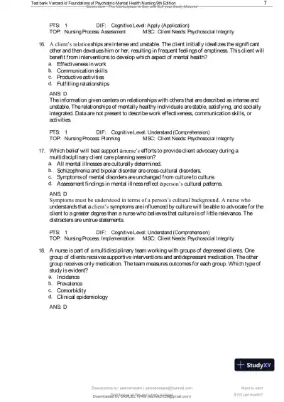 Test Bank for Varcarolis' Foundations of Psychiatric-Mental Health Nursing, 9th Edition (Chapters 1-36) - Page 8 preview image