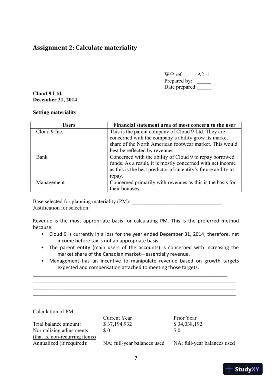 Cloud 9 Ltd. : An Audit Case Study, First Canadian Edition Solution Manual, page 7