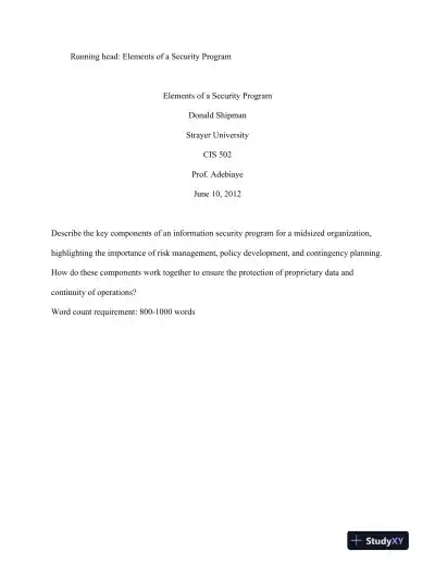 CIS 502 Elements of a Security Program Strayer University - Page 1 preview image