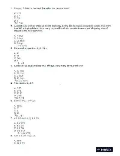 HESI Mathematics Practice Exam With Answers (55 Solved Questions) - Page 1 preview image