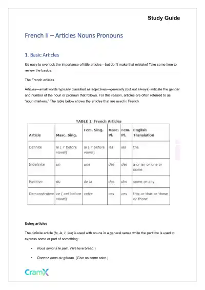 French II – Articles Nouns Pronouns - Page 1 preview image