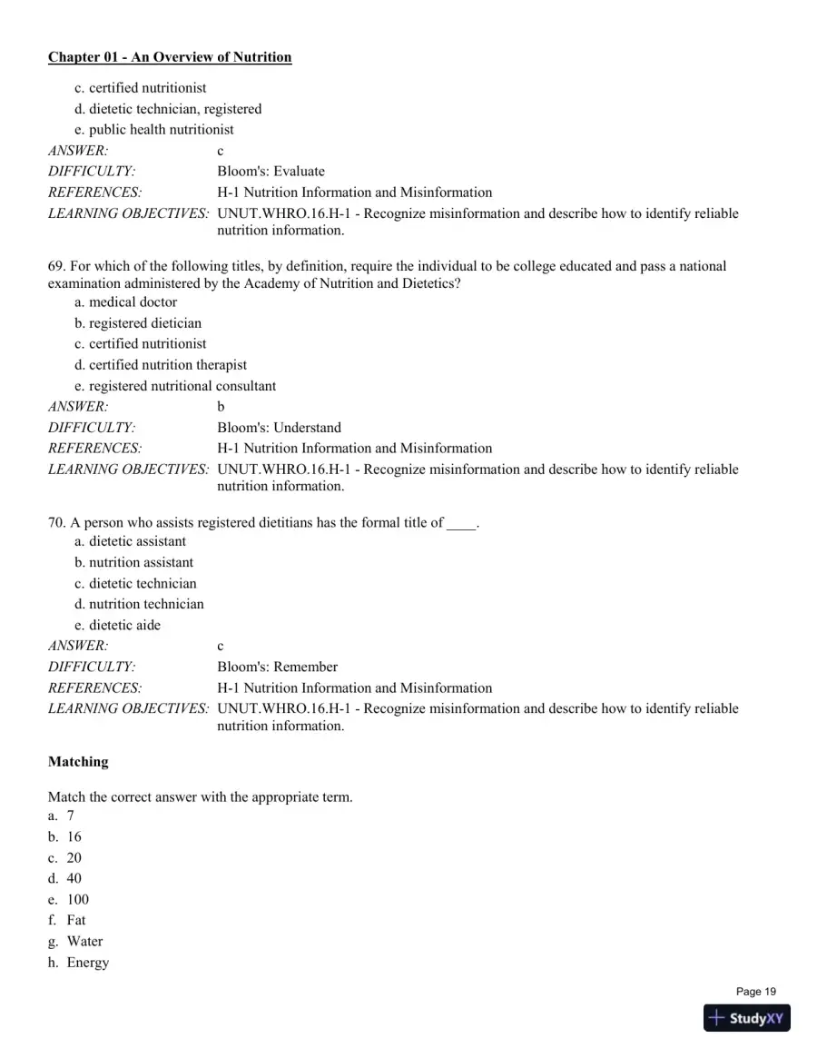Test Bank For Understanding Nutrition: Dietary Guidelines Update 14th Edition Test Bank, page 20