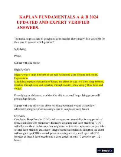 2024 KAPLAN Fundamentals of Nursing Practice Exam With Answers (890 Solved Questions) - Page 1 preview image