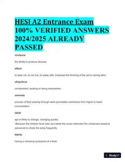 2024-2025 HESI A2 Entrance Exam with Answers (232 Solved Questions) - Page 1 preview image