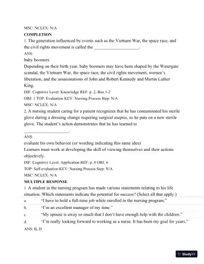 Test Bank For Success In Practical/Vocational Nursing: From Student To Leader, 7th Edition - Page 14 preview image