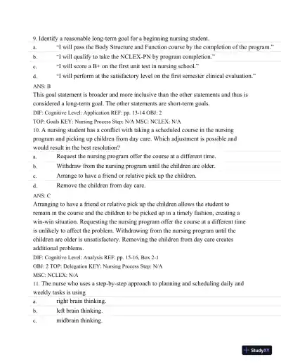 Test Bank For Success In Practical/Vocational Nursing: From Student To Leader, 7th Edition - Page 20 preview image