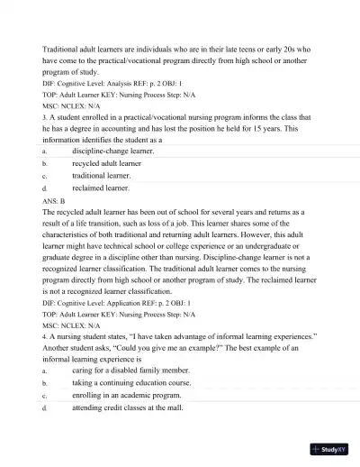 Test Bank For Success In Practical/Vocational Nursing: From Student To Leader, 7th Edition - Page 3 preview image