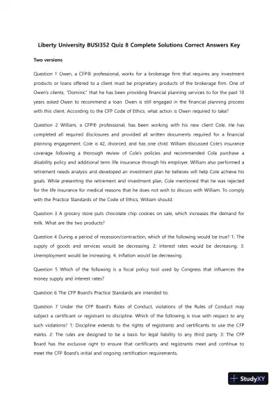 BUSI352 Liberty UniversityQuiz 8 Complete Solutions Correct Answers Key - Page 1 preview image
