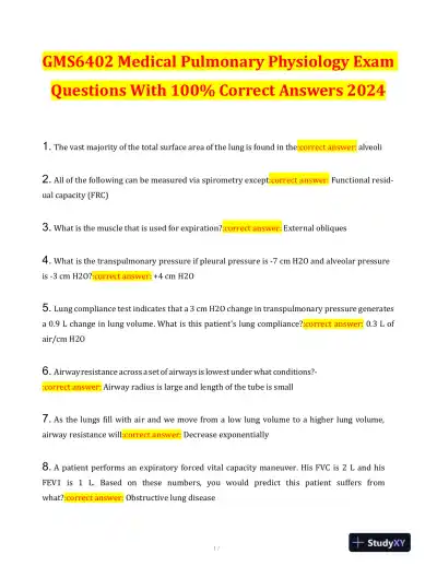 2024 GMS6402 Medical Pulmonary Physiology Practice Exam With Answers (79 Solved Questions) - Page 1 preview image