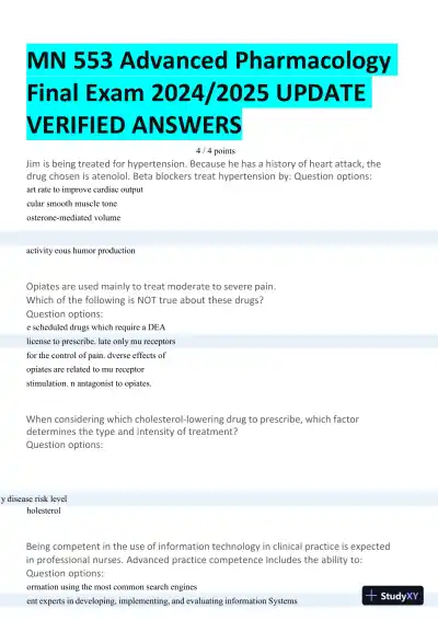 2024-2025 MN553 Advanced Pharmacology Final Exam with Answers (94 Solved Questions) - Page 1 preview image