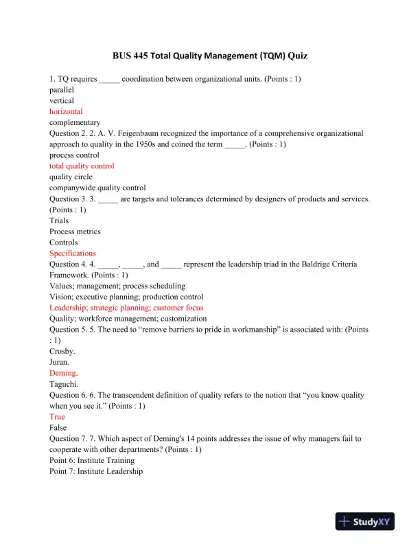 BUS 445 Total Quality Management (TQM) Quiz - Page 1 preview image