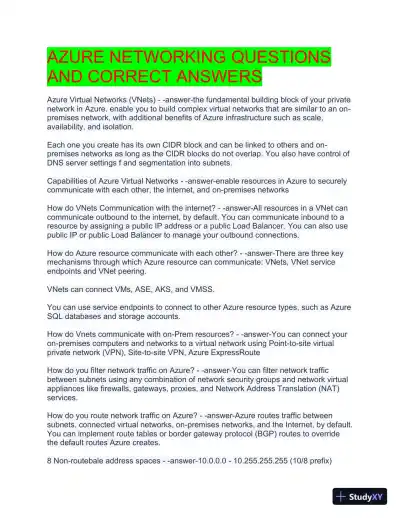 AZURE Networking Practice Exam with Answers (37 Solved Questions) - Page 1 preview image