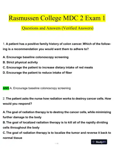 Rasmussen College Medical Surgical Practice Exam With Answers (48 Solved Questions) - Page 1 preview image