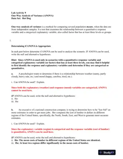 Lab Activity 9 One-Way Analysis of Variance (ANOVA) - Page 1 preview image