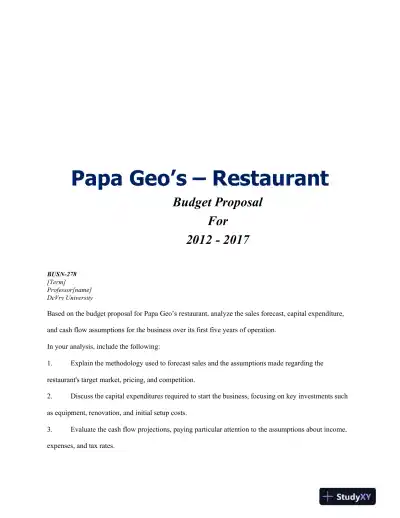 BUSN-278 Papa Geo�s � Restaurant DeVry University - Page 1 preview image