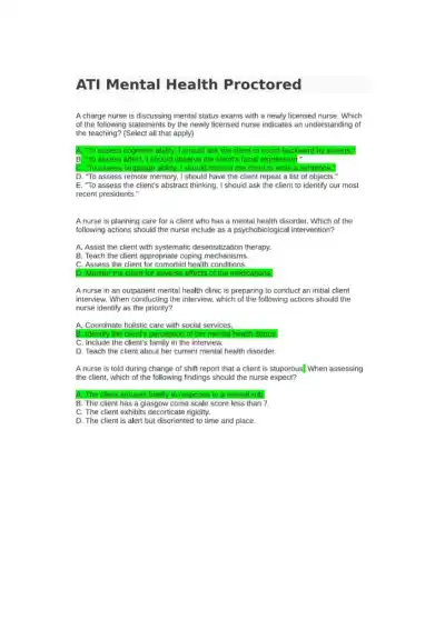 2023-2024 ATI Mental Health Proctored Exam With Answers (30 Solved Questions) - Page 1 preview image