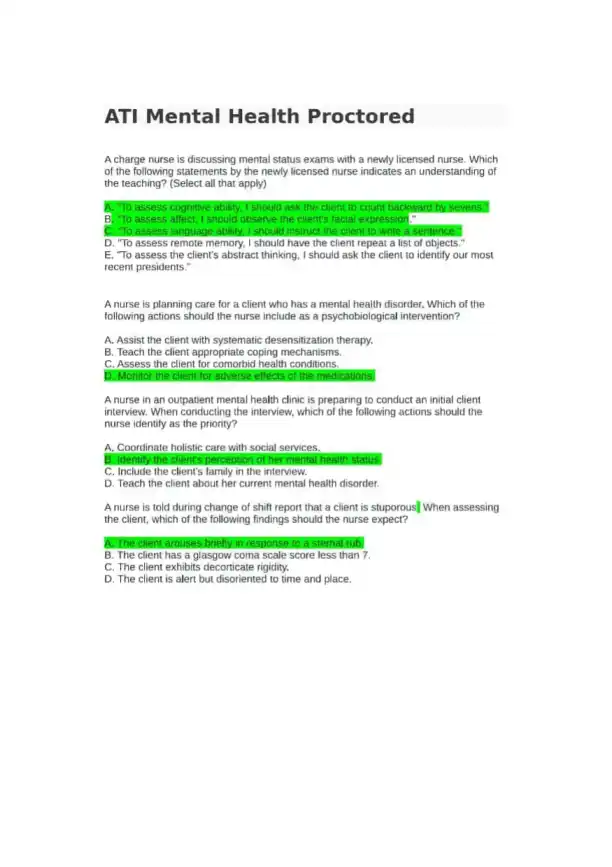 2023-2024 ATI Mental Health Proctored Exam With Answers (30 Solved Questions) - Page 1 preview image