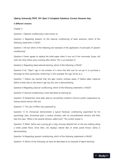 Liberty University PSYC 101 Quiz 5 Complete Solutions Correct Answers Key - Page 1 preview image