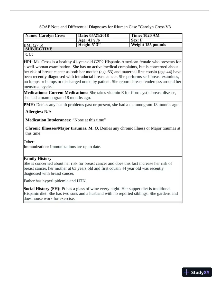 SOAP Note and Differential Diagnoses for IHuman Case Carolyn Cross V3 (1 Solved Case), page 3