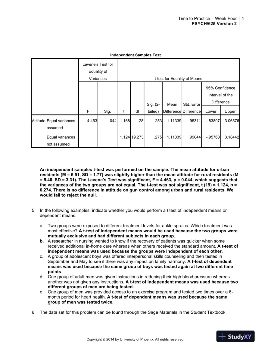 PSYCH/625 Version 2 Time to Practice � Week Four University of Phoenix Material, page 5