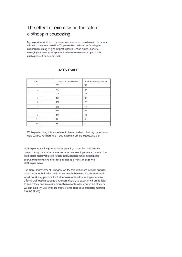 The Effect of Exercise on Clothespin Squeezing - Page 1 preview image