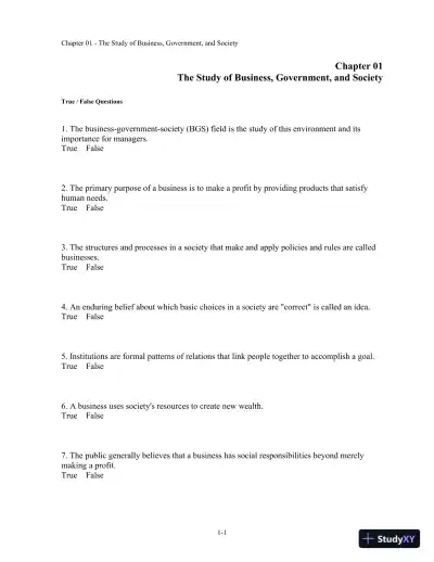 Test Bank For Business, Government, And Society: A Managerial Perspective, 13th Edition - Page 1 preview image