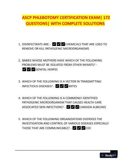 ASCP Hematology Phlebotomy Certification Exam With Answers (172 Solved Questions) - Page 1 preview image