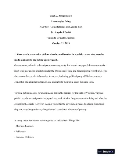 PAD 525� Constitutional and Admin Law Week 2, Assignment 1 - Page 1 preview image