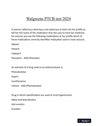 2024 Walgreens PTCB Pharmacology Practice Exam With Answers (83 Solved Questions) - Page 1 preview image