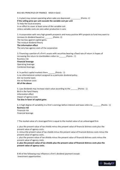 BUS 401 Principles Of Finance Week 4 Quiz - Page 1 preview image