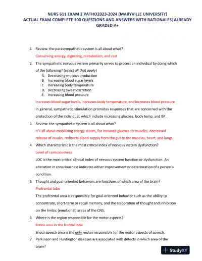 2023-2024 NURS611 Maryville University Pathophysiology Exam 2 With Answers (165 Solved Questions) - Page 1 preview image