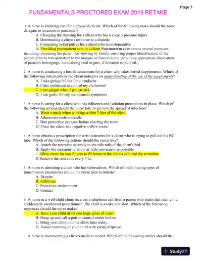 2019 ATI Fundamentals of Nursing Proctored Exam With Answers (37 Solved Questions) - Page 1 preview image