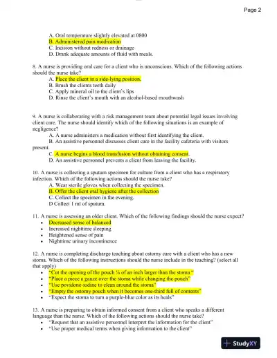 2019 ATI Fundamentals of Nursing Proctored Exam With Answers (37 Solved Questions) - Page 4 preview image