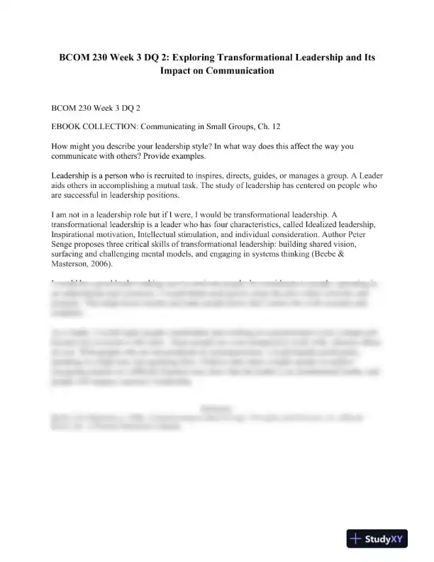 BCOM 230 Week 3 DQ 2: Exploring Transformational Leadership and Its Impact on Communication - Page 1 preview image