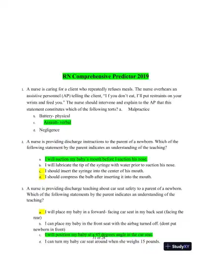 2019 RN Comprehensive Predictor with Answers (180 Solved Questions) - Page 1 preview image