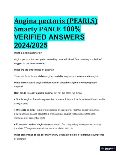 2024-2025 Angina pectoris Disorders (PEARLS) (Smarty PANCE) with Answers (25 Solved Questions) - Page 1 preview image