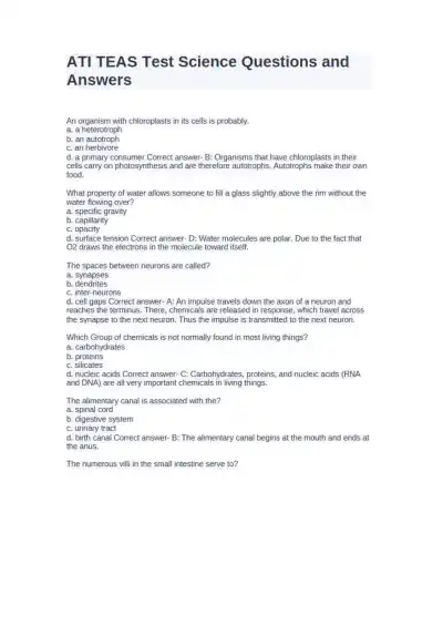 ATI TEAS Test Science Questions and Answers - Page 1 preview image