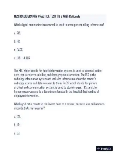 HESI Radiography Practice Exam With Answers (500 Solved Questions) - Page 1 preview image