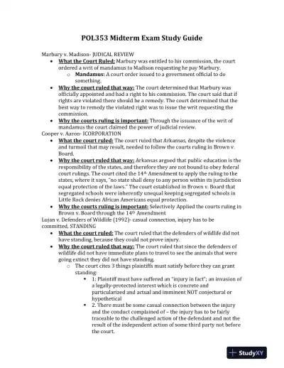 POL353 Midterm Exam Study Guide Marbury v. Madison- Judical Review - Page 1 preview image