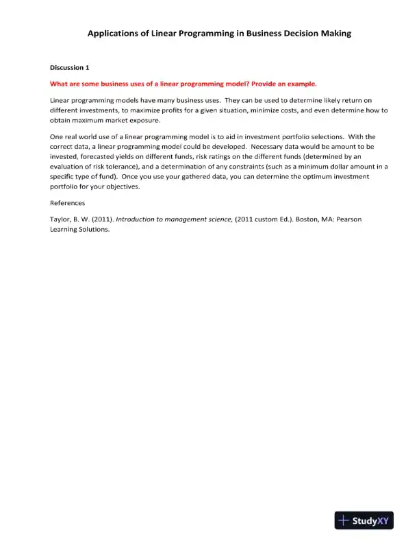 Applications of Linear Programming in Business Decision Making - Page 1 preview image