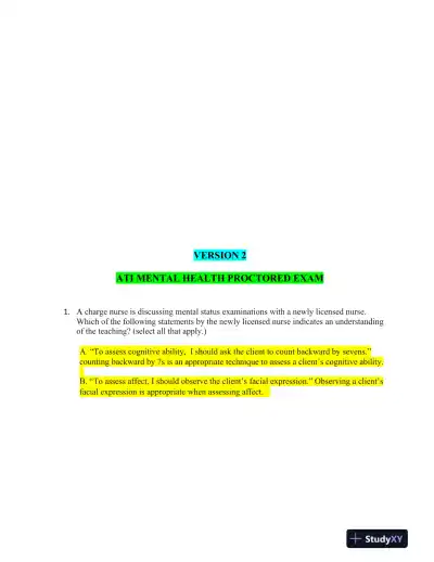 ATI RN Mental Health Proctored Exam NGN Version 2 With Answers (65 Solved Questions) - Page 1 preview image
